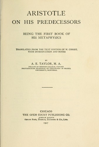 Αριστοτέλης: Aristotle on his predecessors (1907, Open Court Publishing Co.)